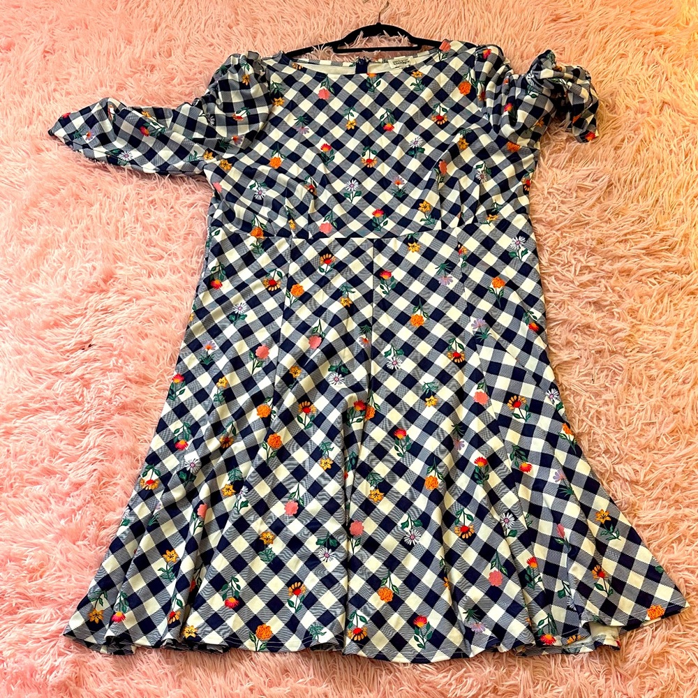 Unique Vintage  Dress with Blue and White Checkered Pattern